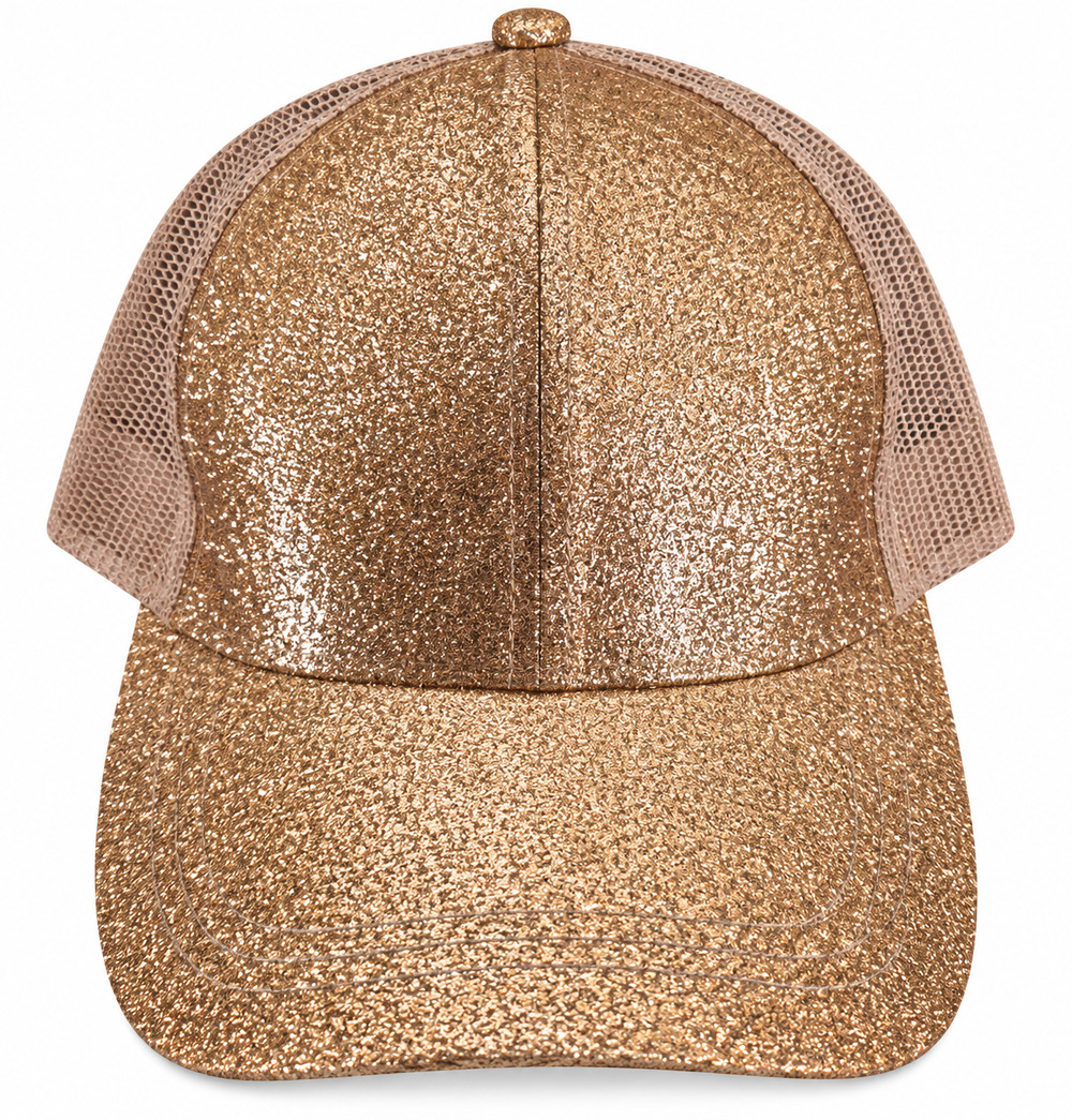 Gold Glitter Ponytail Hat Womens Mesh Sparkle Cheer Dance Mom Adjustable Cap